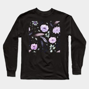 Seamless Pattern of Watercolor Feathers and Flowers Long Sleeve T-Shirt